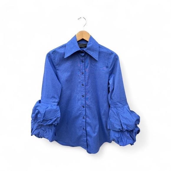 Blue Button-Up Stretch Twill Shirt with Ruffled Sleeves - Picture 8 of 8